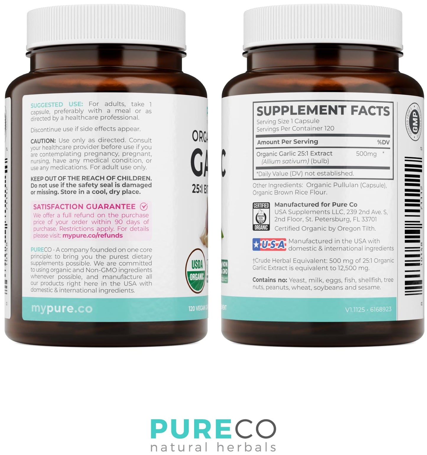 PURE CO USDA Organic Garlic Supplement - High Potency 25:1 Garlic Extract with 12,500mg Herbal Equivalent Strength for Immune & Heart Support - Odorless Vegan & Non-GMO (4 Month Supply) - PrimeBioHealth - canada supplements
