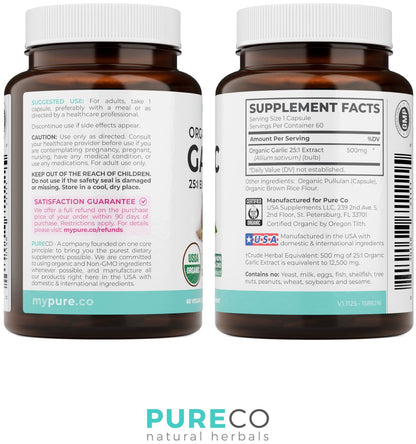 PURE CO USDA Organic Garlic Supplement - High Potency 25:1 Garlic Extract with 12,500mg Herbal Equivalent Strength for Immune & Heart Support - Odorless Vegan & Non-GMO (4 Month Supply) - PrimeBioHealth - canada supplements