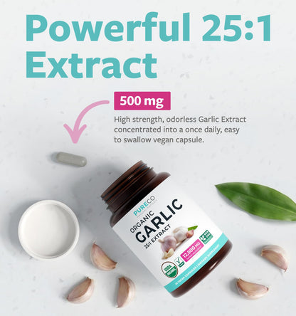PURE CO USDA Organic Garlic Supplement - High Potency 25:1 Garlic Extract with 12,500mg Herbal Equivalent Strength for Immune & Heart Support - Odorless Vegan & Non-GMO (4 Month Supply) - PrimeBioHealth - canada supplements