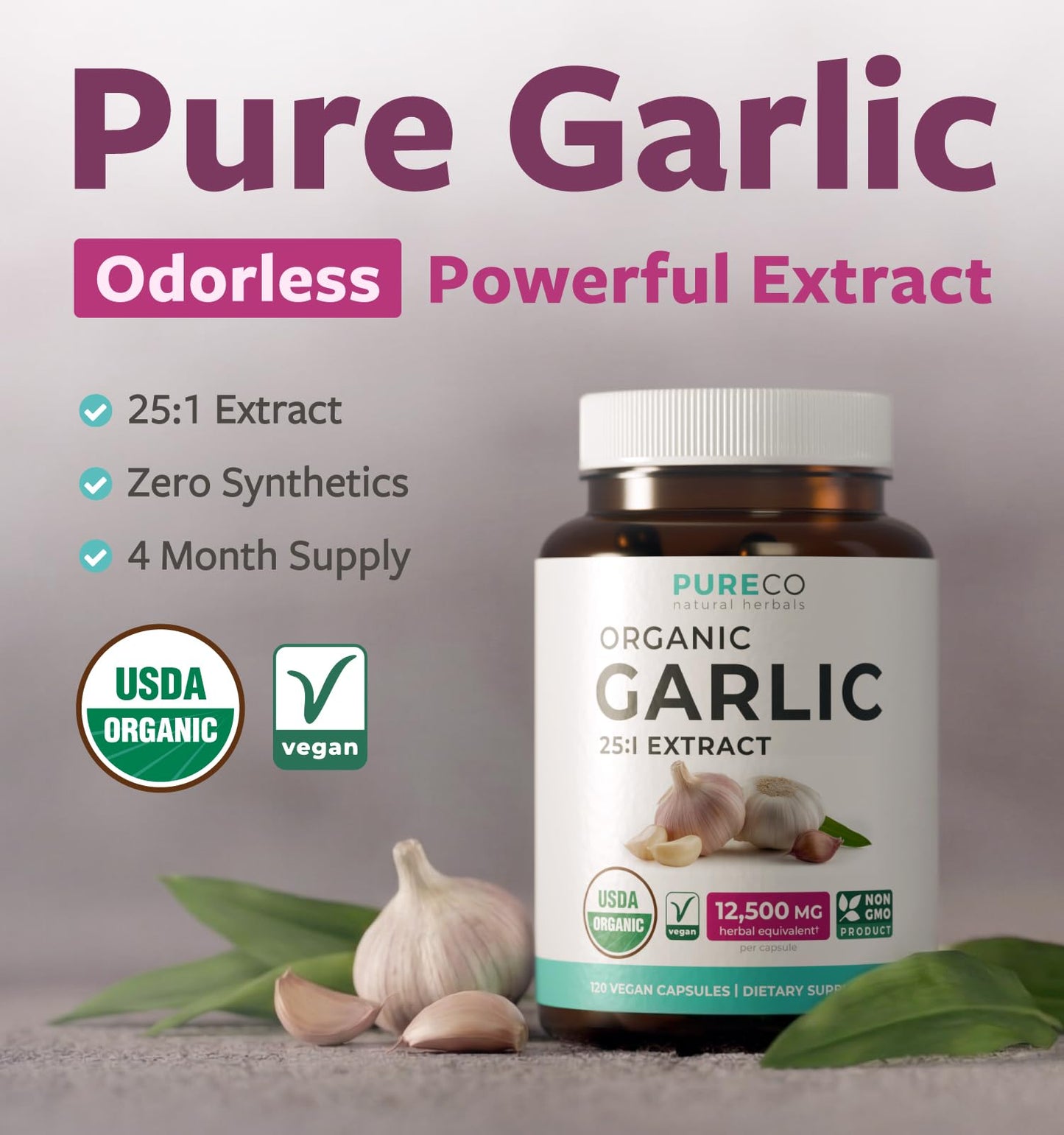PURE CO USDA Organic Garlic Supplement - High Potency 25:1 Garlic Extract with 12,500mg Herbal Equivalent Strength for Immune & Heart Support - Odorless Vegan & Non-GMO (4 Month Supply) - PrimeBioHealth - canada supplements