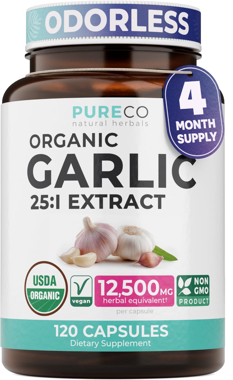 PURE CO USDA Organic Garlic Supplement - High Potency 25:1 Garlic Extract with 12,500mg Herbal Equivalent Strength for Immune & Heart Support - Odorless Vegan & Non-GMO (4 Month Supply) - PrimeBioHealth - canada supplements