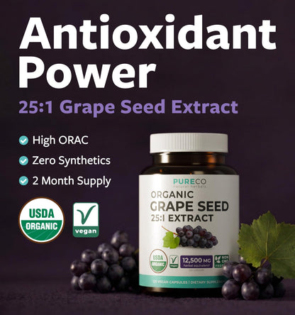 PURE CO USDA Organic Grape Seed Extract - High Potency 25:1 Grapeseed Supplement with 12,500mg Herbal Equivalent Strength - Antioxidant Support - Vegan & Non-GMO (4 Month Supply) - PrimeBioHealth - canada supplements