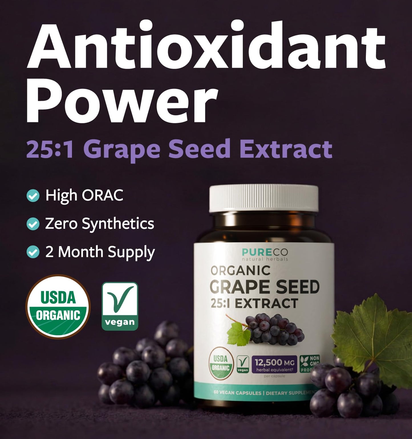 PURE CO USDA Organic Grape Seed Extract - High Potency 25:1 Grapeseed Supplement with 12,500mg Herbal Equivalent Strength - Antioxidant Support - Vegan & Non-GMO (4 Month Supply) - PrimeBioHealth - canada supplements