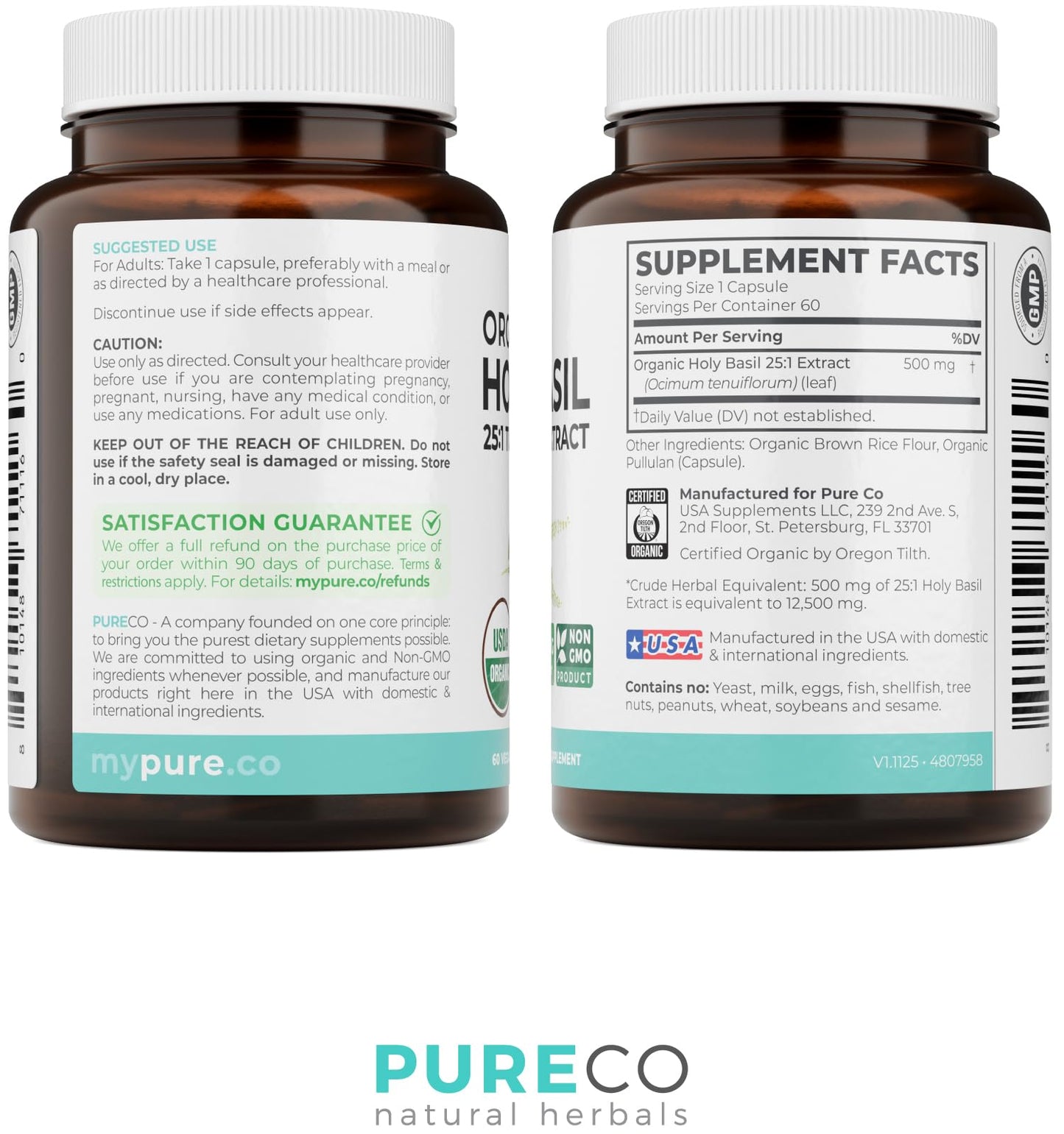PURE CO USDA Organic Holy Basil Supplement – High Potency Organic Holy Basil 500mg 25:1 Extract 1 Capsule Per Serving – High Strength Tulsi Extract – 60 Vegan Capsules – Non-GMO & Made in USA - PrimeBioHealth - canada supplements
