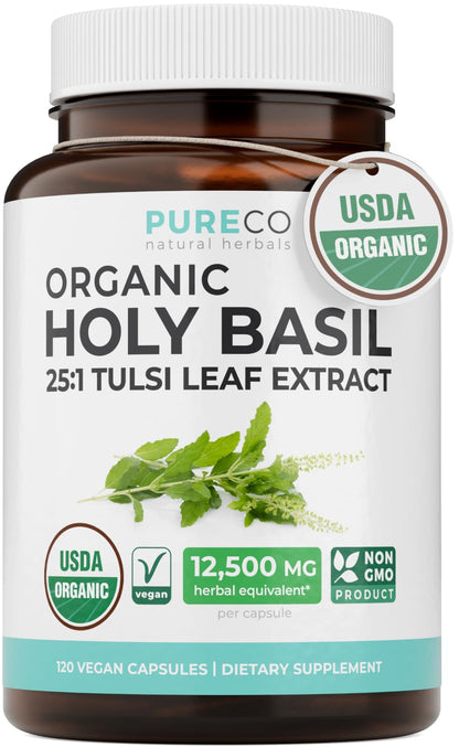 PURE CO USDA Organic Holy Basil Supplement – High Potency Organic Holy Basil 500mg 25:1 Extract 1 Capsule Per Serving – High Strength Tulsi Extract – 60 Vegan Capsules – Non-GMO & Made in USA - PrimeBioHealth - canada supplements