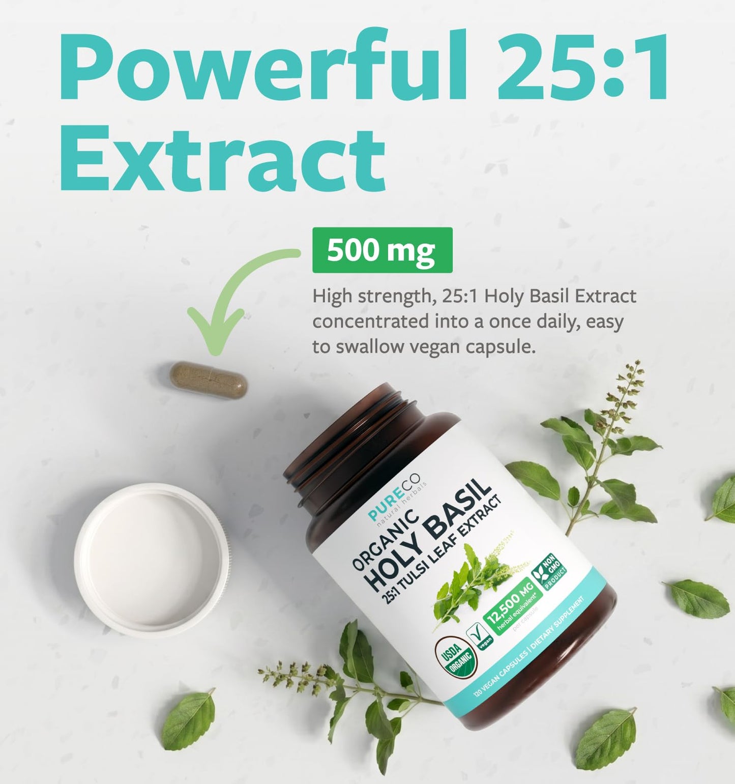 PURE CO USDA Organic Holy Basil Supplement – High Potency Organic Holy Basil 500mg 25:1 Extract 1 Capsule Per Serving – High Strength Tulsi Extract – 60 Vegan Capsules – Non-GMO & Made in USA - PrimeBioHealth - canada supplements