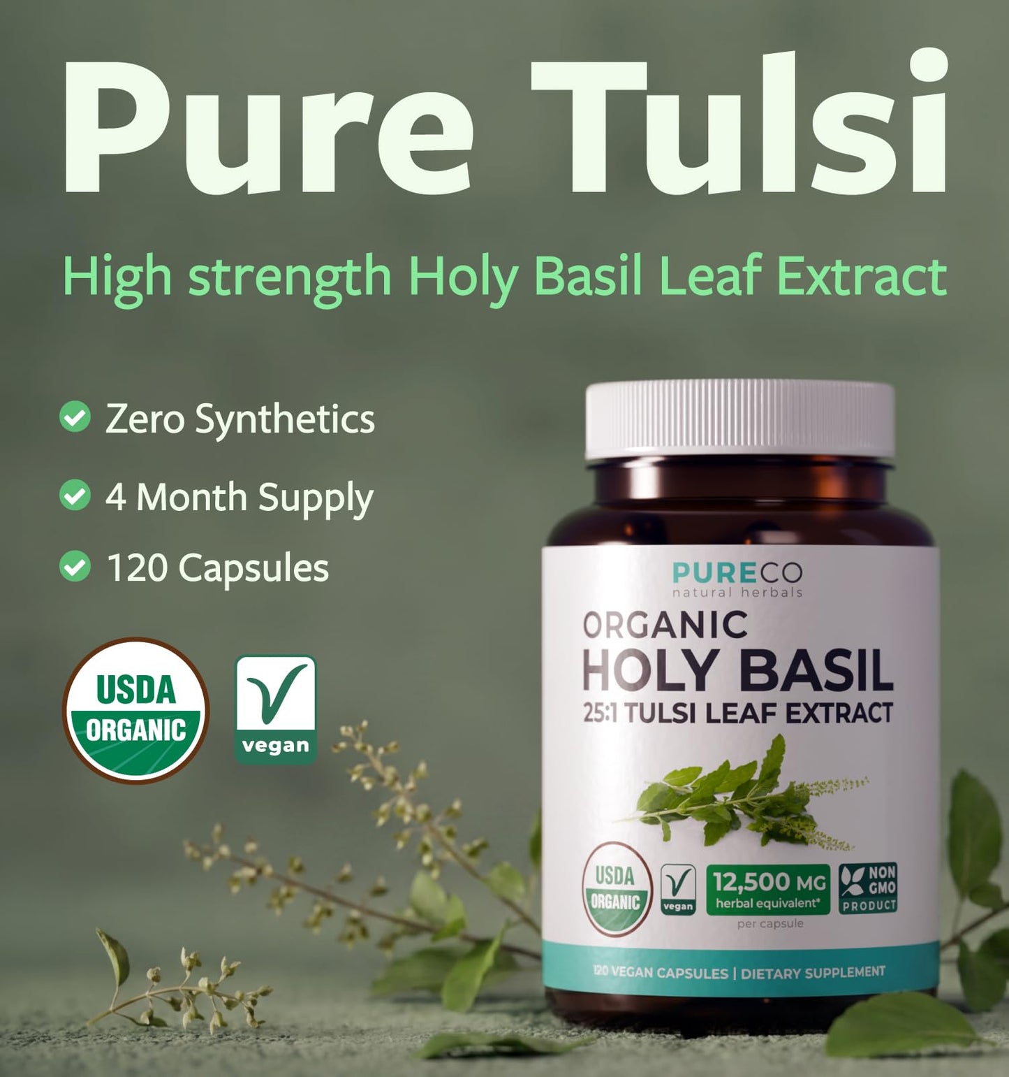 PURE CO USDA Organic Holy Basil Supplement – High Potency Organic Holy Basil 500mg 25:1 Extract 1 Capsule Per Serving – High Strength Tulsi Extract – 60 Vegan Capsules – Non-GMO & Made in USA - PrimeBioHealth - canada supplements