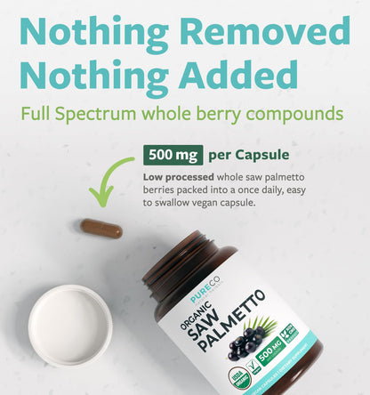 PURE CO USDA Organic Saw Palmetto Supplement - Organic Saw Palmetto for Women & Men's Urinary Tract Prostate & DHT Blocker for Women - Whole Berries - Vegan Non-GMO & Lab Verified (2 Month Supply) - PrimeBioHealth - canada supplements