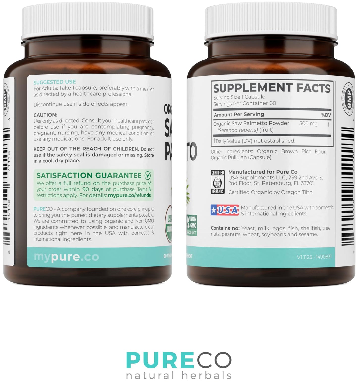 PURE CO USDA Organic Saw Palmetto Supplement - Organic Saw Palmetto for Women & Men's Urinary Tract Prostate & DHT Blocker for Women - Whole Berries - Vegan Non-GMO & Lab Verified (2 Month Supply) - PrimeBioHealth - canada supplements