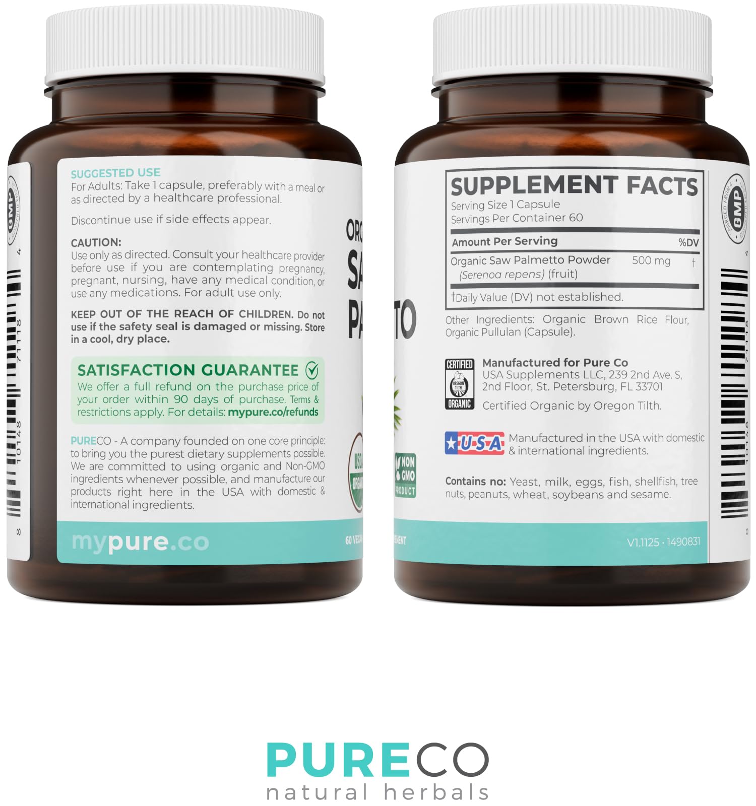 PURE CO USDA Organic Saw Palmetto Supplement - Organic Saw Palmetto for Women & Men's Urinary Tract Prostate & DHT Blocker for Women - Whole Berries - Vegan Non-GMO & Lab Verified (2 Month Supply) - PrimeBioHealth - canada supplements