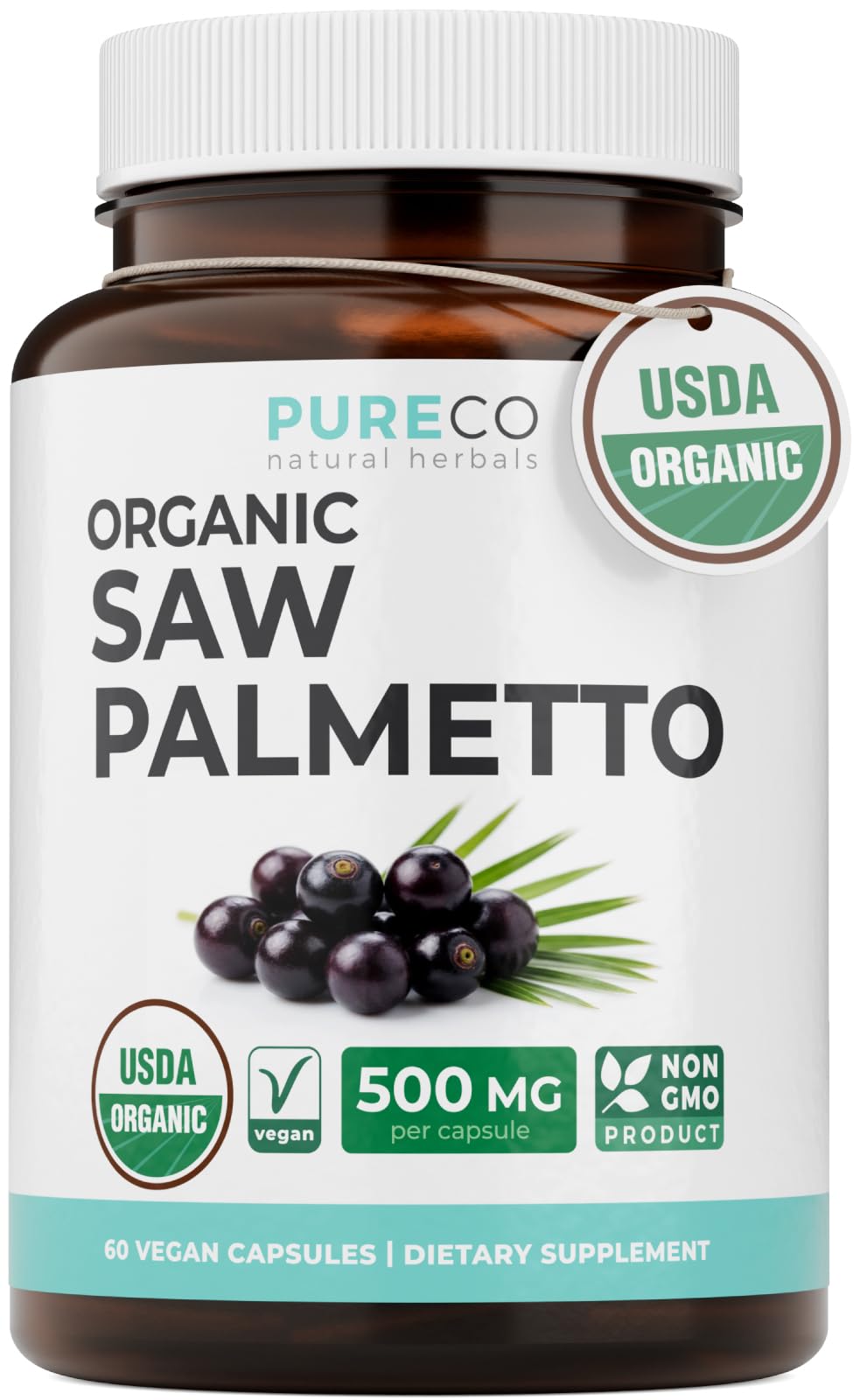 PURE CO USDA Organic Saw Palmetto Supplement - Organic Saw Palmetto for Women & Men's Urinary Tract Prostate & DHT Blocker for Women - Whole Berries - Vegan Non-GMO & Lab Verified (2 Month Supply) - PrimeBioHealth - canada supplements