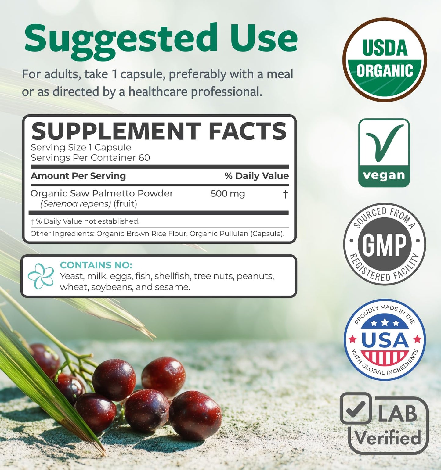 PURE CO USDA Organic Saw Palmetto Supplement - Organic Saw Palmetto for Women & Men's Urinary Tract Prostate & DHT Blocker for Women - Whole Berries - Vegan Non-GMO & Lab Verified (2 Month Supply) - PrimeBioHealth - canada supplements