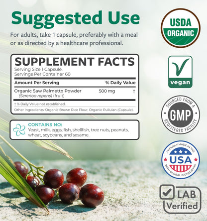 PURE CO USDA Organic Saw Palmetto Supplement - Organic Saw Palmetto for Women & Men's Urinary Tract Prostate & DHT Blocker for Women - Whole Berries - Vegan Non-GMO & Lab Verified (2 Month Supply) - PrimeBioHealth - canada supplements