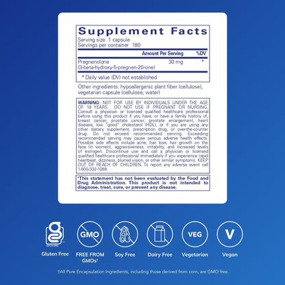 Pure Encapsulations Pregnenolone - 30 mg - Hormone Support - Memory Support - Gluten Free & Vegan - 180 Capsules - PrimeBioHealth - canada supplements