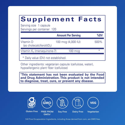 Pure Encapsulations Vitamin D3 & K2 - Bone & Vascular Health Support - Immune Function Support - Gluten Free - Non-GMO - 120 Capsules - PrimeBioHealth - canada supplements