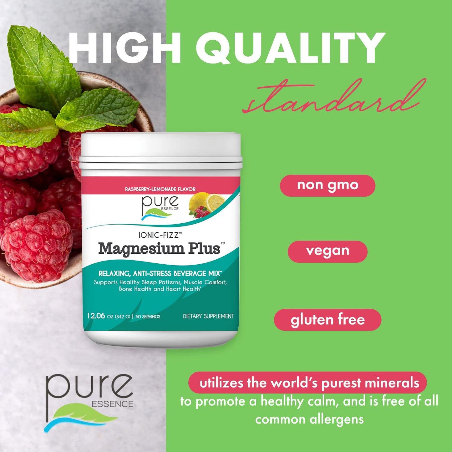 Pure Essence Labs Ionic Fizz Magnesium Plus, Anti-Stress Supplement Drink Powder, Gluten Free and Non-GMO Magnesium Powder, Raspberry Lemonade Flavor, 12.06 oz - PrimeBioHealth - canada supplements
