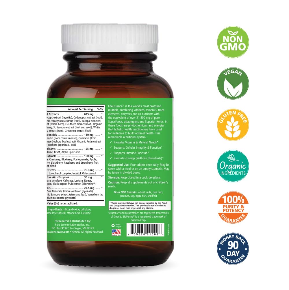 PURE ESSENCE LABS LifeEssence Multivitamin for Women and Men - Natural Herbal Supplement - Vitamin D, Vitamin D3, Vitamin B12, Biotin with Whole Foods (240 Tablets) - PrimeBioHealth - canada supplements