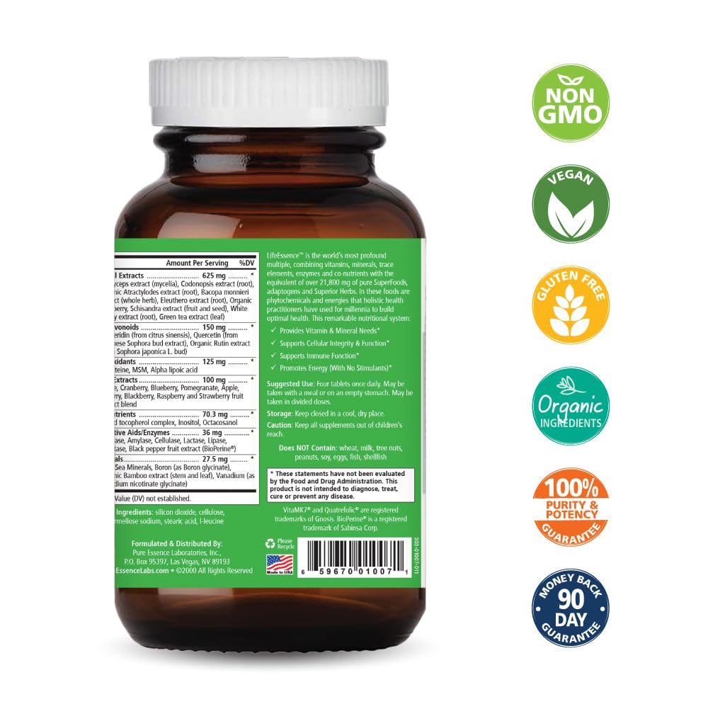 PURE ESSENCE LABS LifeEssence Multivitamin for Women and Men - Natural Herbal Supplement - Vitamin D, Vitamin D3, Vitamin B12, Biotin with Whole Foods (240 Tablets) - PrimeBioHealth - canada supplements