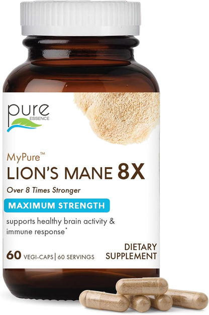 PURE ESSENCE LABS MyPure Lion's Mane 8X - Max Strength Brain Support with 100% Fruiting Body Organic Lion's Mane for Ultimate Cognitive Performance, Focus, and Mental Clarity, 60 Capsules - PrimeBioHealth - canada supplements