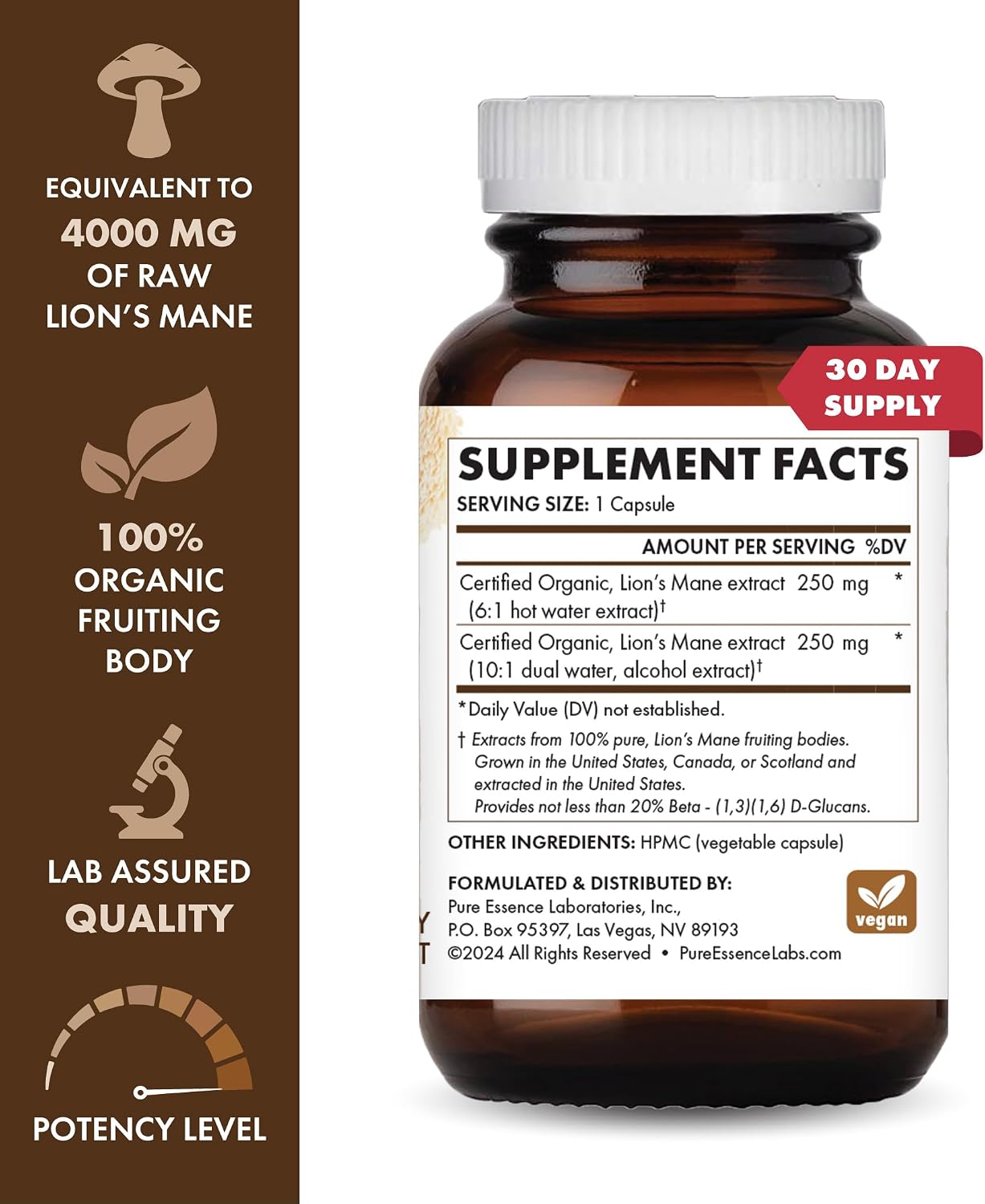 PURE ESSENCE LABS MyPure Lion's Mane 8X - Max Strength Brain Support with 100% Fruiting Body Organic Lion's Mane for Ultimate Cognitive Performance, Focus, and Mental Clarity, 30 Capsules - PrimeBioHealth - canada supplements