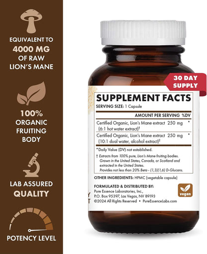 PURE ESSENCE LABS MyPure Lion's Mane 8X - Max Strength Brain Support with 100% Fruiting Body Organic Lion's Mane for Ultimate Cognitive Performance, Focus, and Mental Clarity, 30 Capsules - PrimeBioHealth - canada supplements