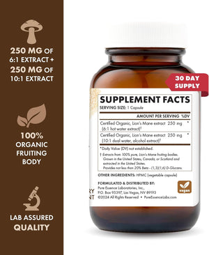 PURE ESSENCE LABS MyPure Lion's Mane 8X - Max Strength Brain Support with 100% Fruiting Body Organic Lion's Mane for Ultimate Cognitive Performance, Focus, and Mental Clarity, 60 Capsules - PrimeBioHealth - canada supplements