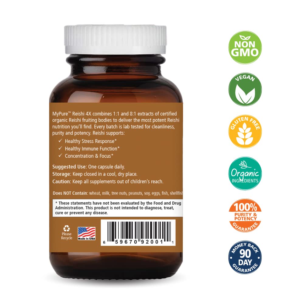 PURE ESSENCE LABS MyPure Reishi 4X Organic Mushrooms Supplement - 100% Real Mushroom Extract for Immune Support, Stress Relief, Build Energy (60 Capsules) - PrimeBioHealth - canada supplements