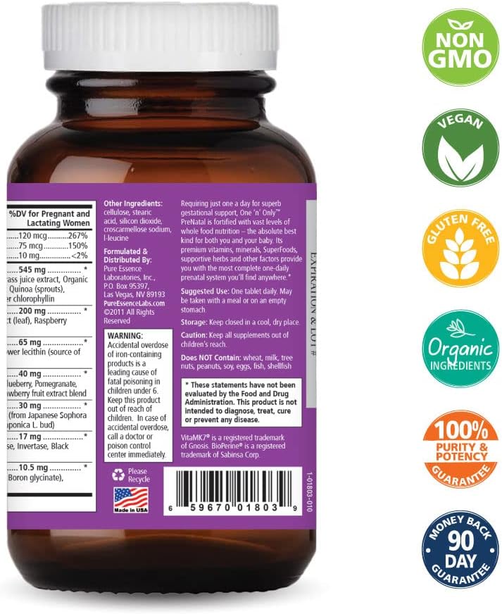 PURE ESSENCE LABS One n Only Prenatal Vitamins - A Once-per-Day Multivitamin Support with Iron, Natural Herbs, Superfoods and Folate - 30 Tablet - PrimeBioHealth - canada supplements