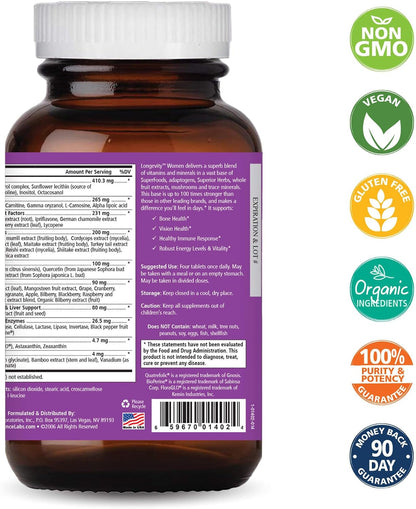 Pure Essence Longevity for Women Over 40 Multivitamin - Vitamins with Superfoods, Whole Foods, Minerals, Antioxidants and Immune Support - 90 Tablets - PrimeBioHealth - canada supplements