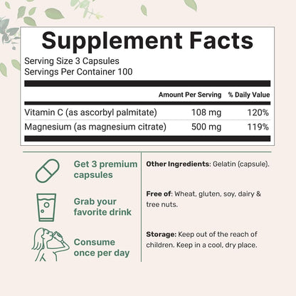 Pure Magnesium Citrate Supplements 500mg, 300 Capsules | Fat-Soluble Vitamin C Added | 100% Chelated | Only Active Ingredients - PrimeBioHealth - canada supplements