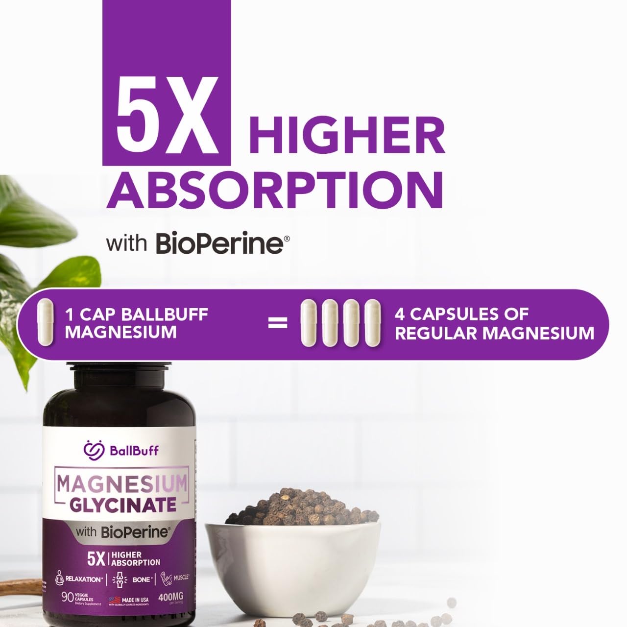 Pure Magnesium Glycinate 400mg - 5X Higher Absorption - Support Stress Relief, Sleep, Bone Health - 100% Chelated - Pure Magnesium Supplement - PrimeBioHealth - canada supplements