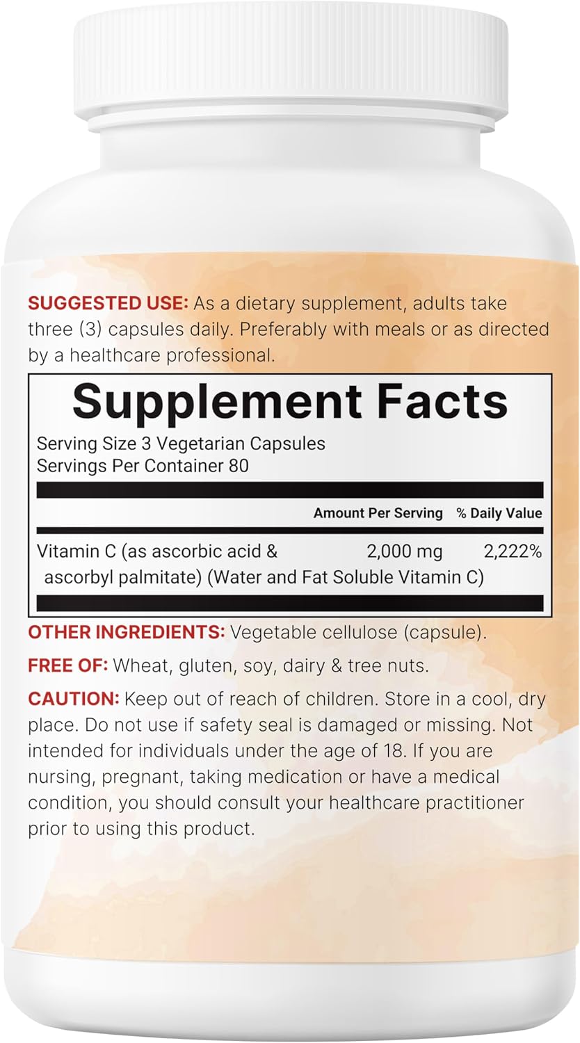 Pure Vitamin C 2,000mg, 240 Veggie Capsules | Highly Bioavailable Fat & Water Soluble Forms | Max Potency | Antioxidant & Immune Support Supplement | Easily Absorbed, Non-GMO, Filler Free - PrimeBioHealth - canada supplements