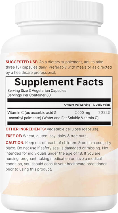 Pure Vitamin C 2,000mg, 240 Veggie Capsules | Highly Bioavailable Fat & Water Soluble Forms | Max Potency | Antioxidant & Immune Support Supplement | Easily Absorbed, Non-GMO, Filler Free - PrimeBioHealth - canada supplements