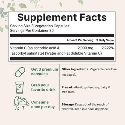 Pure Vitamin C 2,000mg, 240 Veggie Capsules | Highly Bioavailable Fat & Water Soluble Forms | Max Potency | Antioxidant & Immune Support Supplement | Easily Absorbed, Non-GMO, Filler Free - PrimeBioHealth - canada supplements