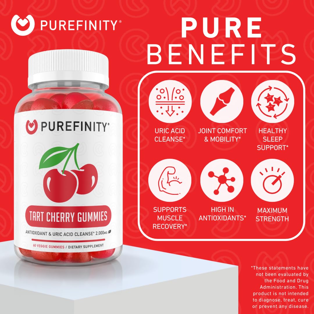 PUREFINITY Tart Cherry Gummies – Uric Acid Flush for Joint Relief & Recovery, Raw Juice Extract Antioxidant – Non-GMO, Gluten Free, Vegan, 60 Count - PrimeBioHealth - canada supplements