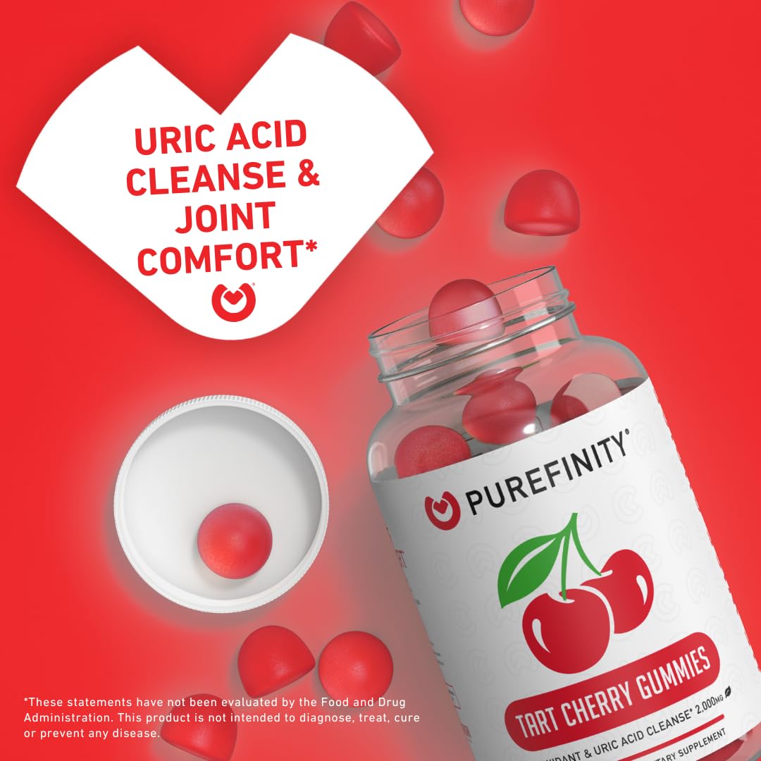 PUREFINITY Tart Cherry Gummies – Uric Acid Flush for Joint Relief & Recovery, Raw Juice Extract Antioxidant – Non-GMO, Gluten Free, Vegan, 60 Count - PrimeBioHealth - canada supplements