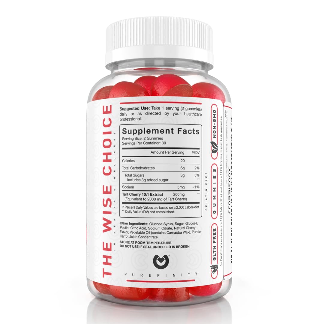 PUREFINITY Tart Cherry Gummies – Uric Acid Flush for Joint Relief & Recovery, Raw Juice Extract Antioxidant – Non-GMO, Gluten Free, Vegan, 60 Count - PrimeBioHealth - canada supplements