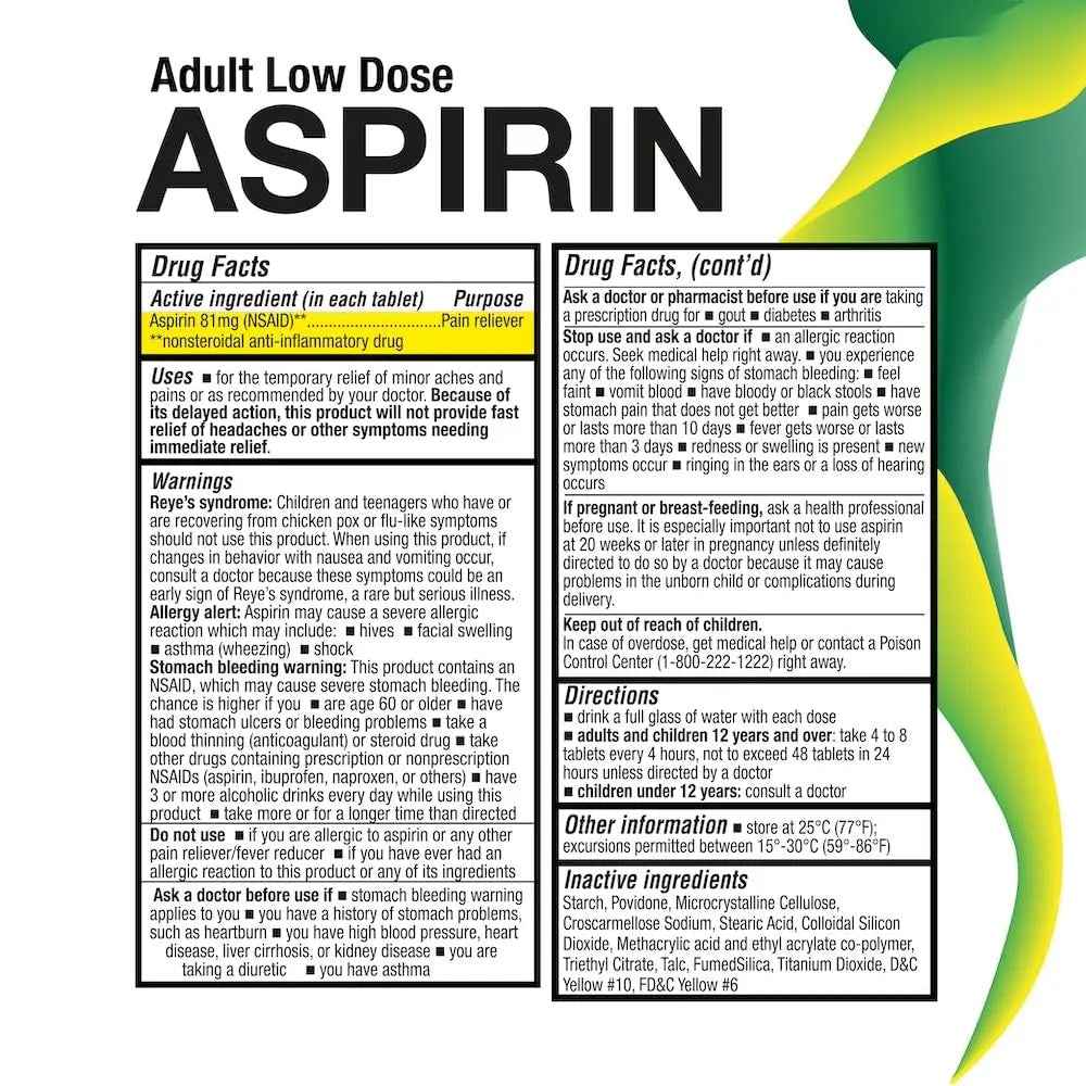 Puregen Labs Aspirin 81 mg Low Dose (NSAID) – 300 Enteric Coated Tablets