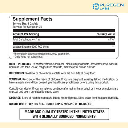 Puregen Labs Dairy Relief Natural Fast Acting Lactase Enzyme 3000 FCC, Lactose Intolerance Pills 90 Caplets - PrimeBioHealth - canada supplements