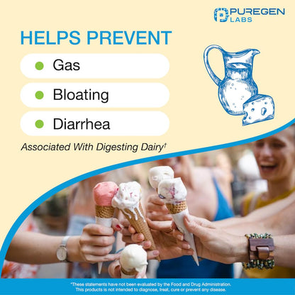Puregen Labs Dairy Relief Natural Fast Acting Lactase Enzyme 3000 FCC, Lactose Intolerance Pills 90 Caplets - PrimeBioHealth - canada supplements