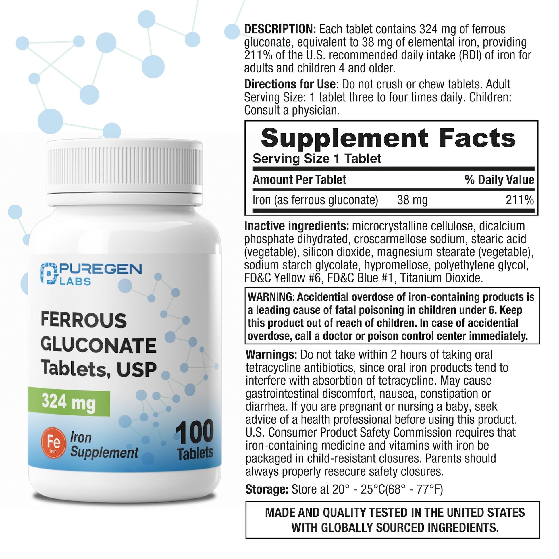 Puregen Labs Ferrous Gluconate 324 mg [High Potency] Iron Supplement, Gentle on Stomach - 100 Tablets - PrimeBioHealth - canada supplements