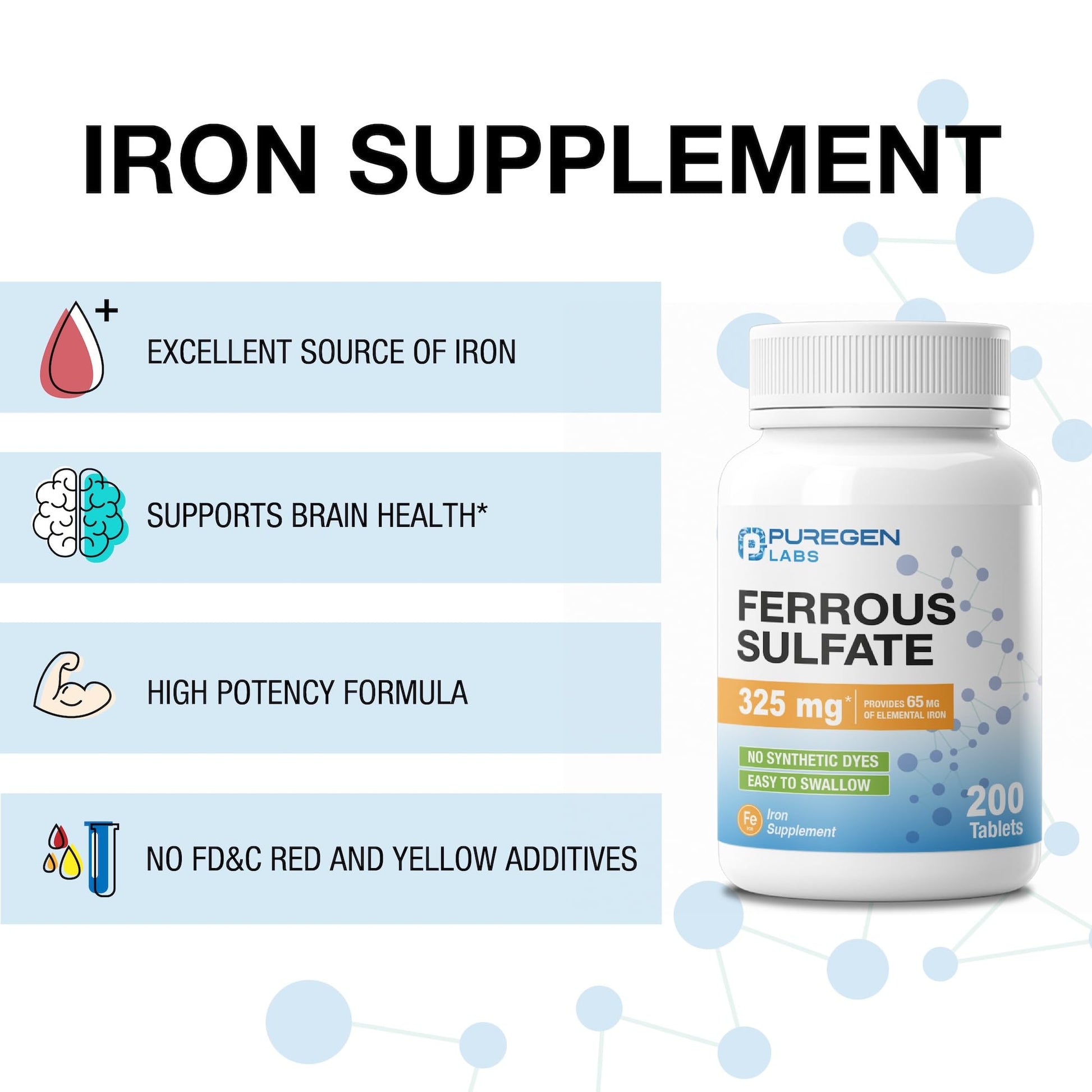 Puregen Labs Ferrous Sulfate 325 mg (65 mg Elemental Iron) High Potency Iron Supplement | No Artificial Color Additives - 200 Tablets - PrimeBioHealth - canada supplements