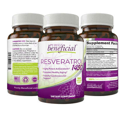 PURELY beneficial RESVERATROL1450-90day Supply, 1450mg per Serving of Potent Antioxidants & Trans-Resveratrol, Promotes Anti-Aging - PrimeBioHealth - canada supplements