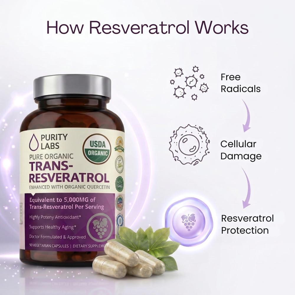 Purity Labs Trans-Resveratrol Supplement 5,000 mg Equivalent per Serving with Quercetin, USDA Organic High Potency Antioxidant, - PrimeBioHealth - canada supplements