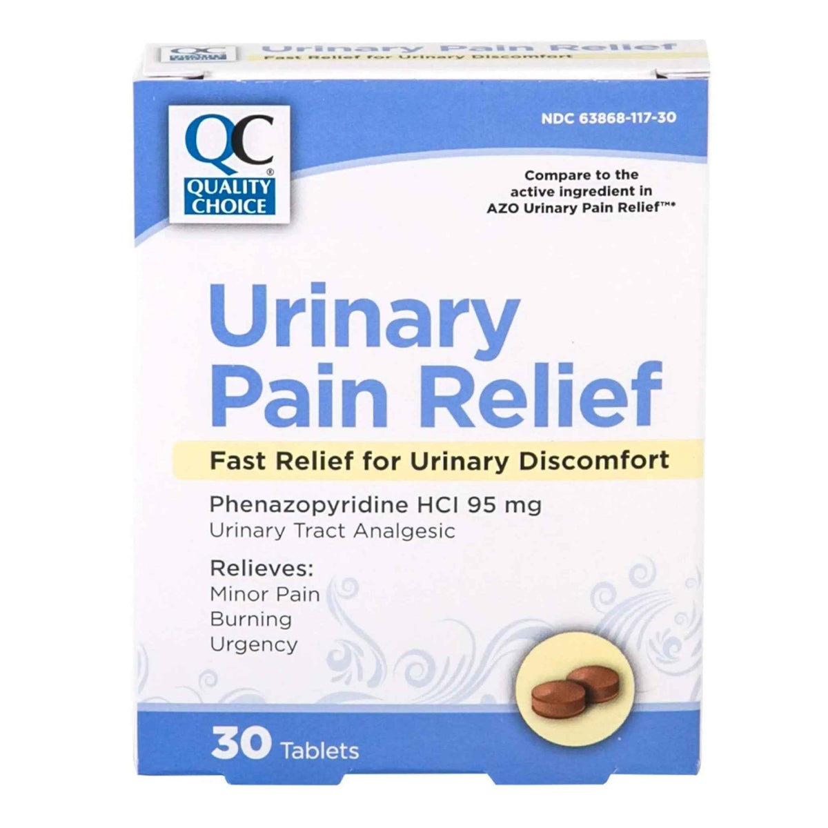 Quality Choice Fast Acting Urinary Pain Relief, Phenazopyridine Hydrochloride 95mg, Relieves UTI Pain, Burning, Frequent Urination, Bladder Discomfort, Urgency. One 30 Tablet Box (30 Total Tablets)
