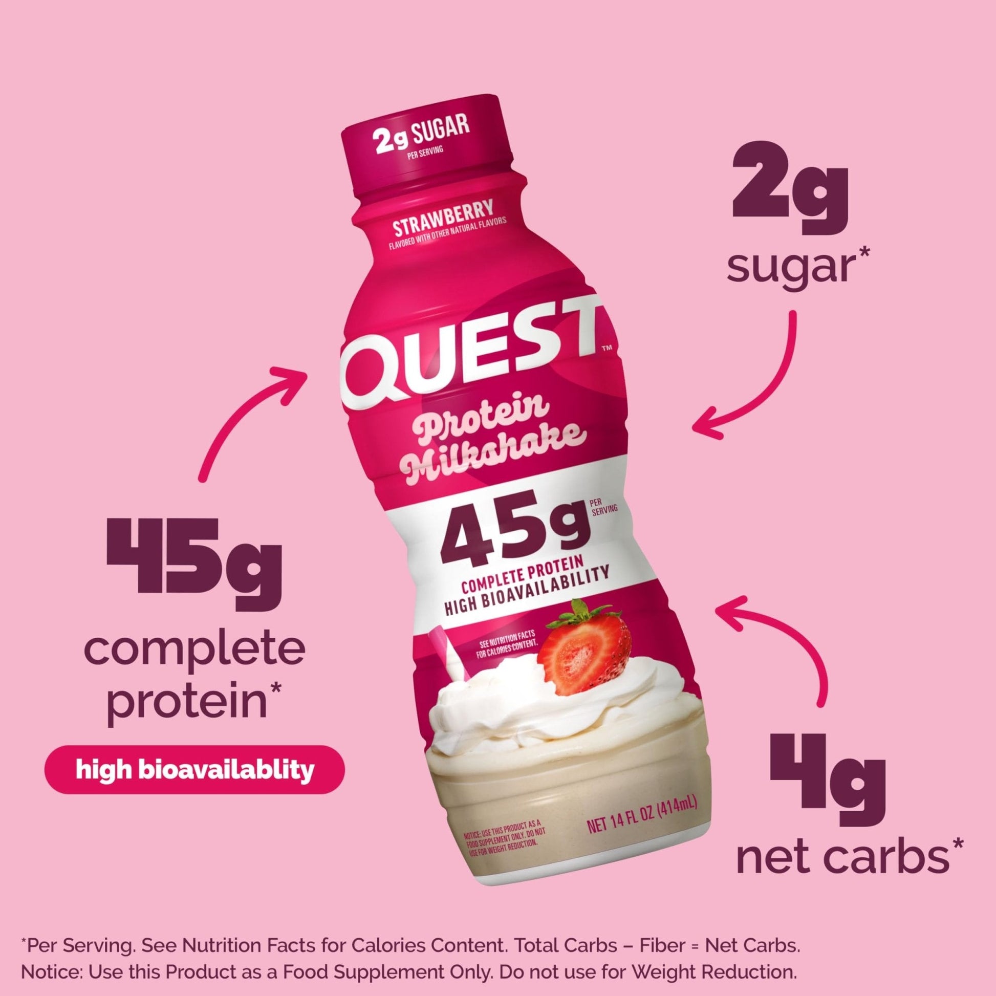 Quest Nutrition Strawberry Protein Shake, 45g Protein, 2g Sugar, 4g Net Carbs, Ready to Drink, Gluten Free, 4 Count - PrimeBioHealth - canada supplements
