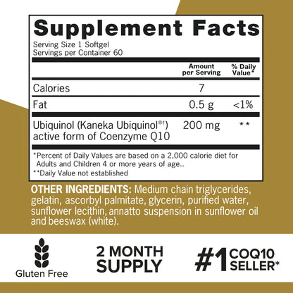 Qunol 200mg Ubiquinol, Powerful Antioxidant for Heart and Vascular Health, Essential for energy production, Natural Supplement Active Form of CoQ10, 60 Count - PrimeBioHealth - canada supplements
