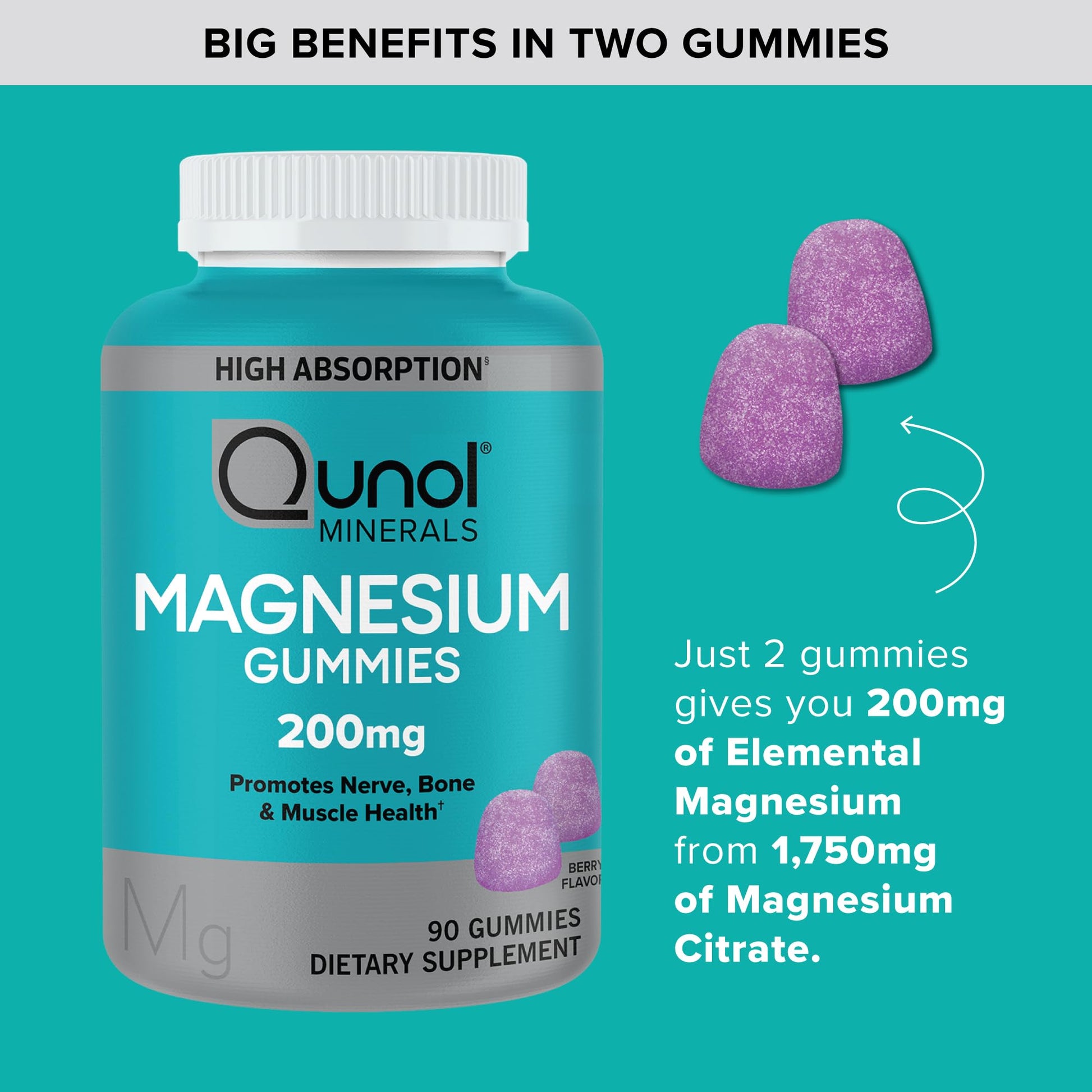 Qunol Magnesium Gummies for Adults, 200mg Elemental Magnesium (from 1,750mg Magnesium Citrate), High Absorption Magnesium Supplement, Supports Nerve, - PrimeBioHealth - canada supplements