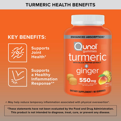 Qunol Turmeric and Ginger with Black Pepper Gummies, Turmeric Curcumin Supplement, Joint Health Support Gummy, 90ct Gummies - PrimeBioHealth - canada supplements