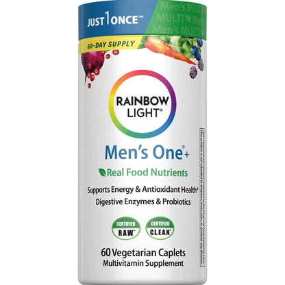 Rainbow Light Mens Multivitamin One + | 60 Caplets | Supports Energy & Antioxidant Health | with Real Food Nutrients, Digestive Enzymes & Probiotics